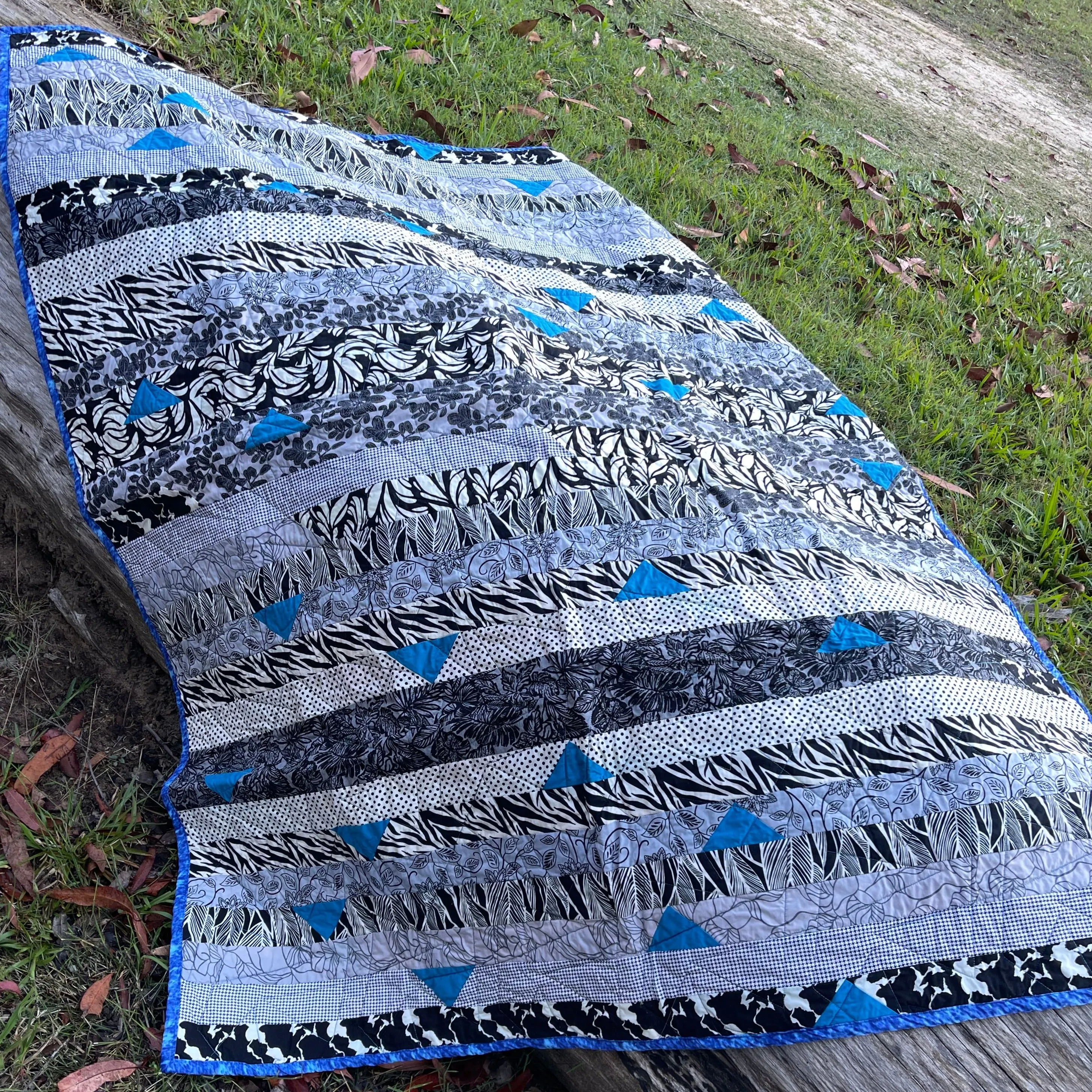 Black & White with Blue Quilt Finished Size 50 x 62 Approx