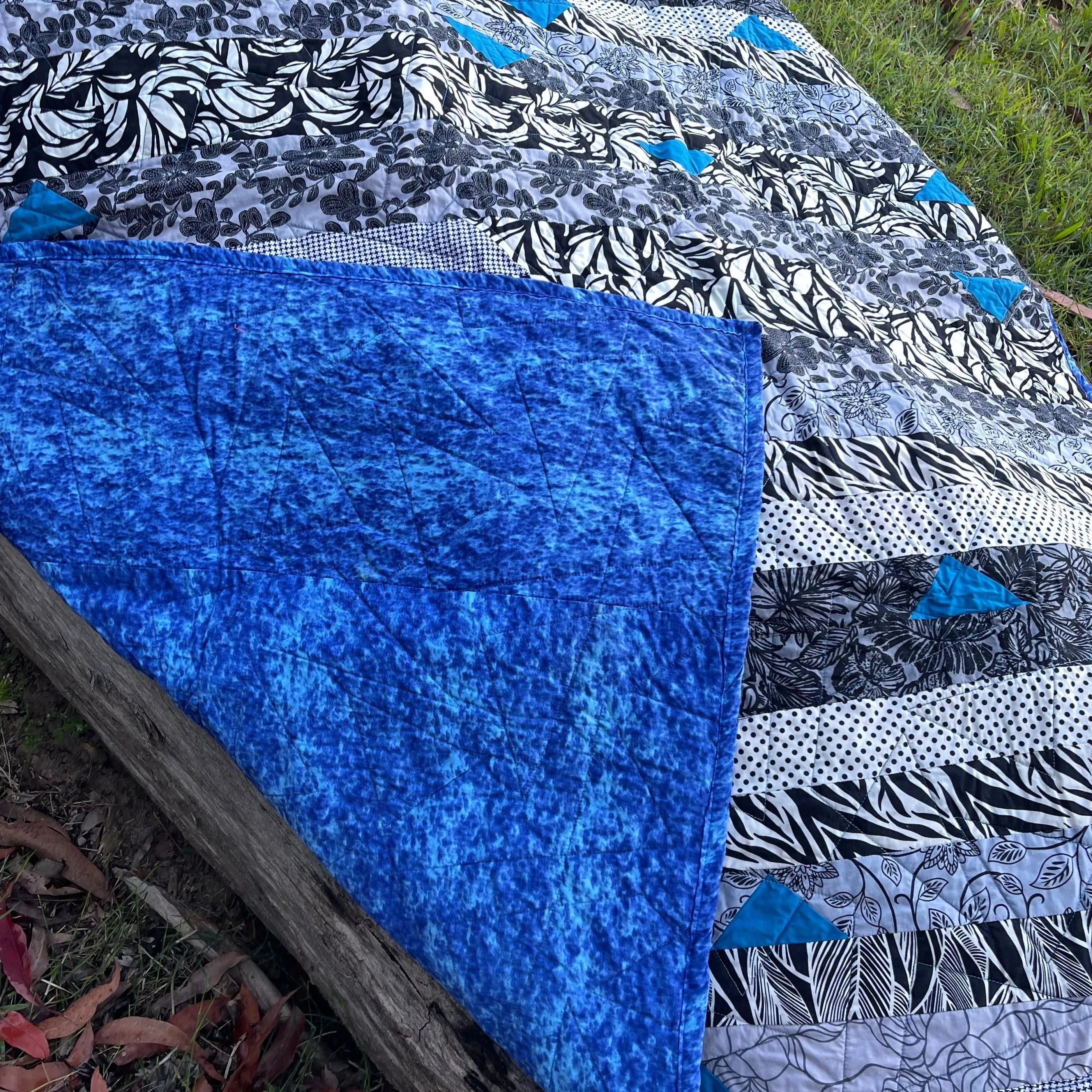 Black & White with Blue Quilt Finished Size 50 x 62 Approx