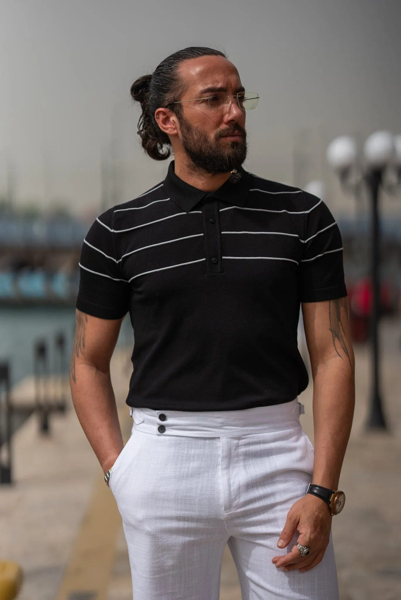 Black Striped Polo Neck