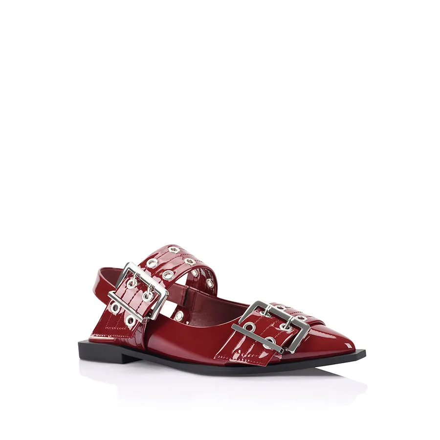 Clea Slingback Buckle Flats - Wine Patent