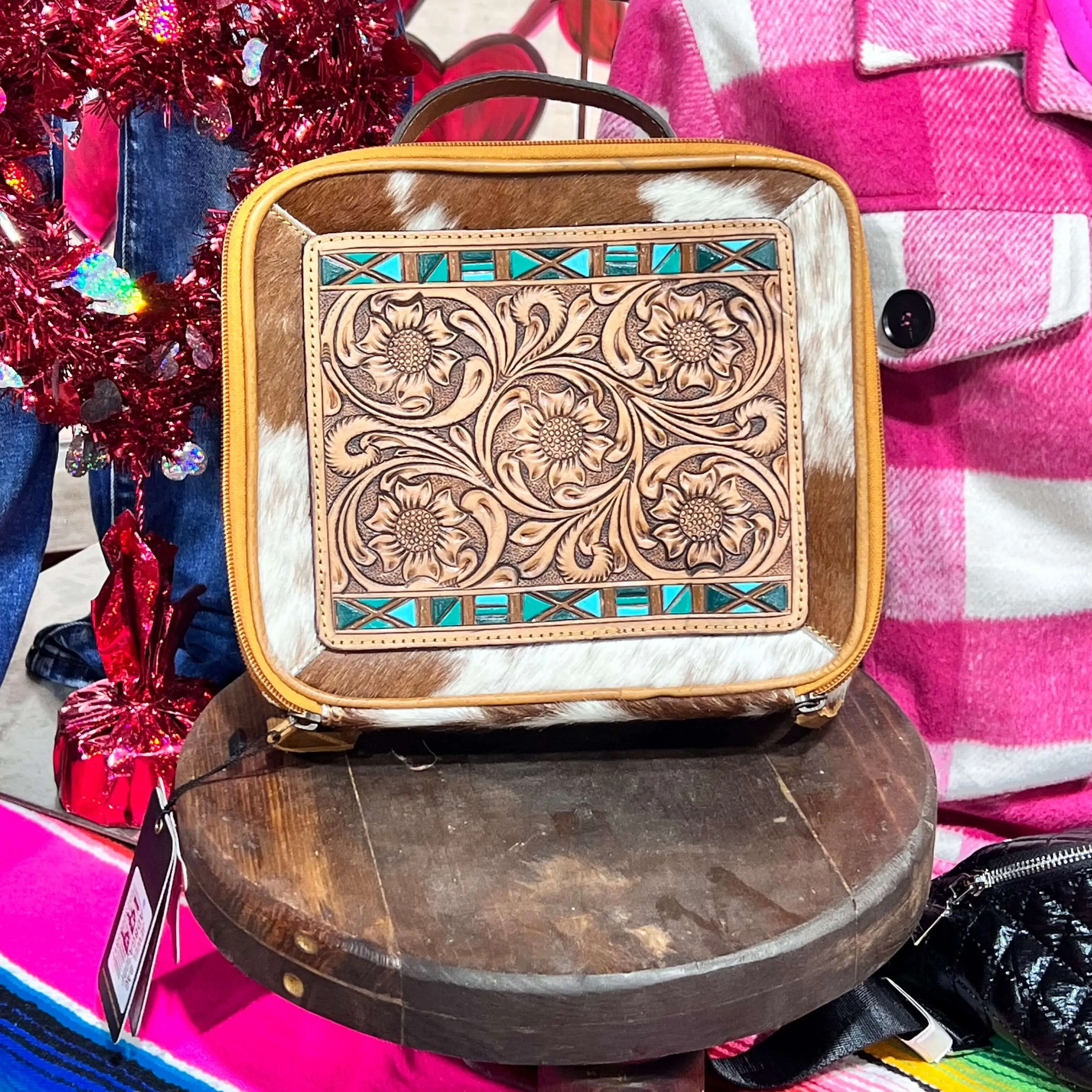 Cowhide Tooled Top Turquoise Zipper Toiletry/Jewelry Travel Bag