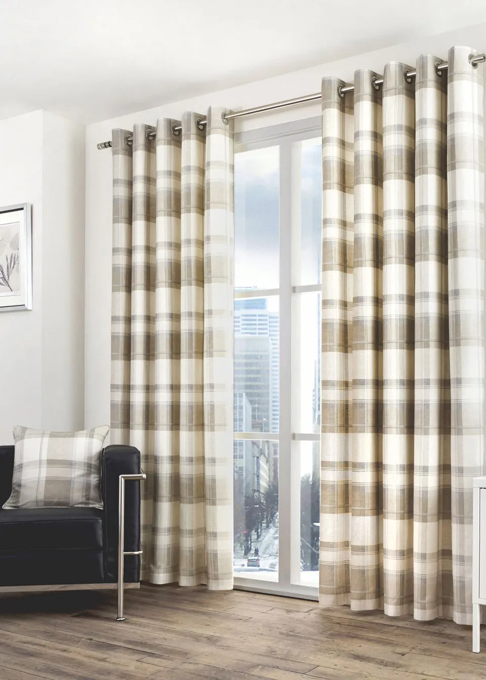 Fusion Balmoral Check Natural Eyelet Curtains