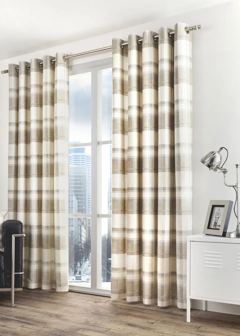 Fusion Balmoral Check Natural Eyelet Curtains