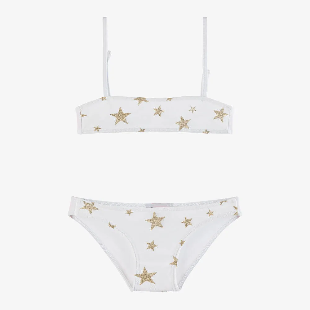 Girls White & Gold Glitter Star Bikini