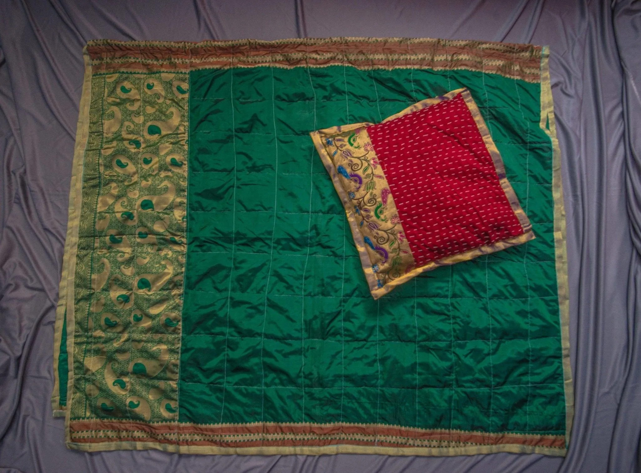 Green Godhadi Quilt with Hand stitch Godhadi art Red cushion cover combo