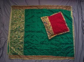 Green Godhadi Quilt with Hand stitch Godhadi art Red cushion cover combo