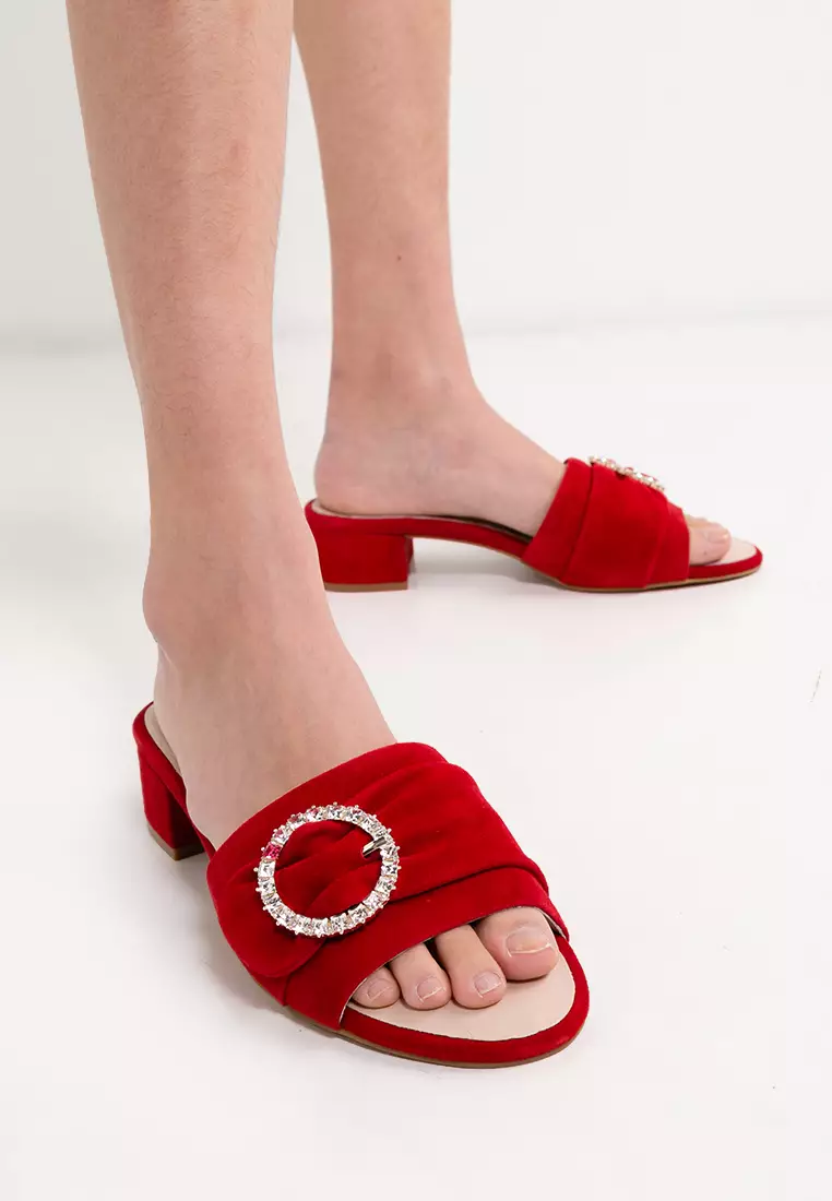 HOPE ROSA Hope Rosa Goddess Red Crystal Suede Slide Sandals