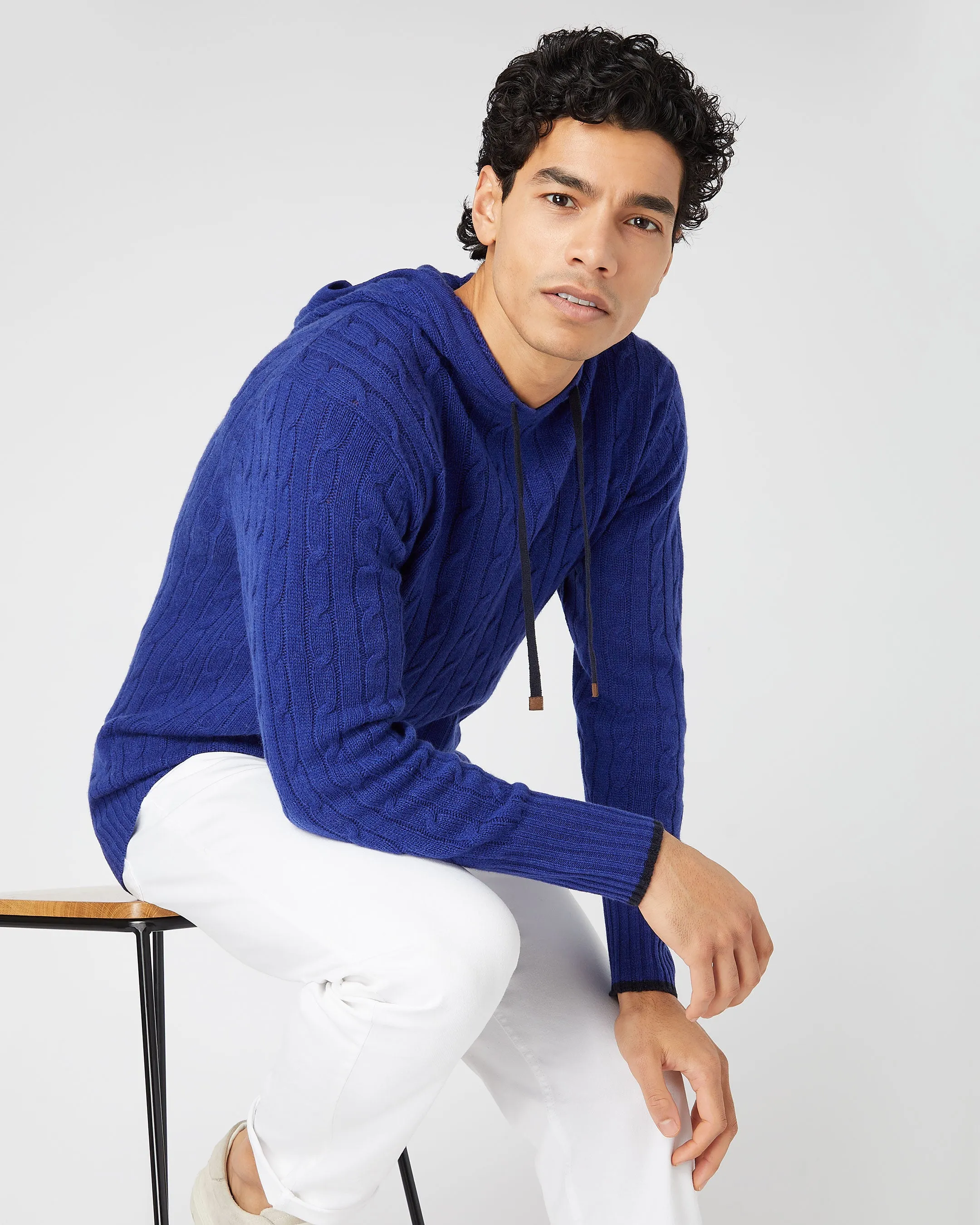 Men's Fitzrovia Cable Cashmere Hoodie Sapphire Blue