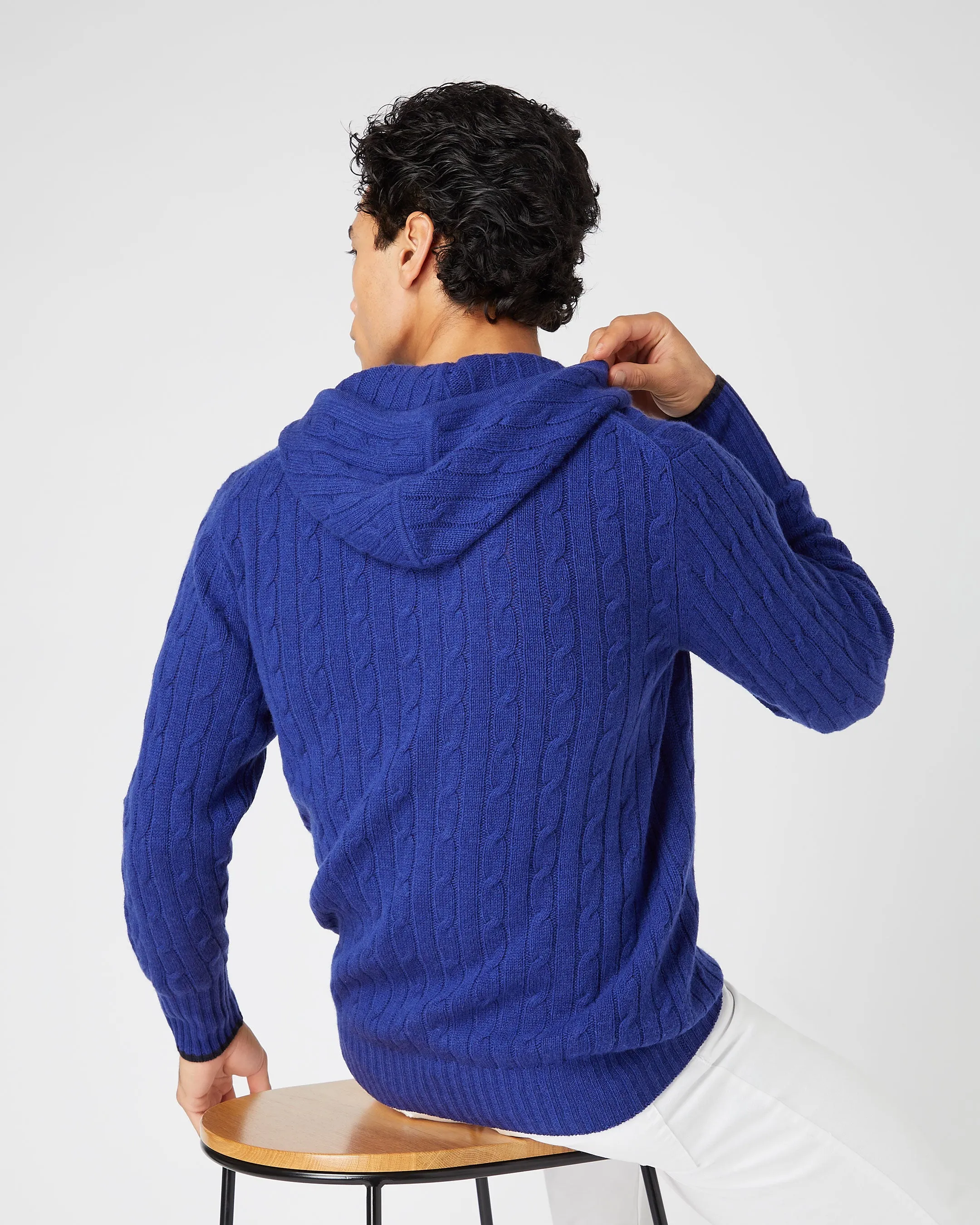 Men's Fitzrovia Cable Cashmere Hoodie Sapphire Blue