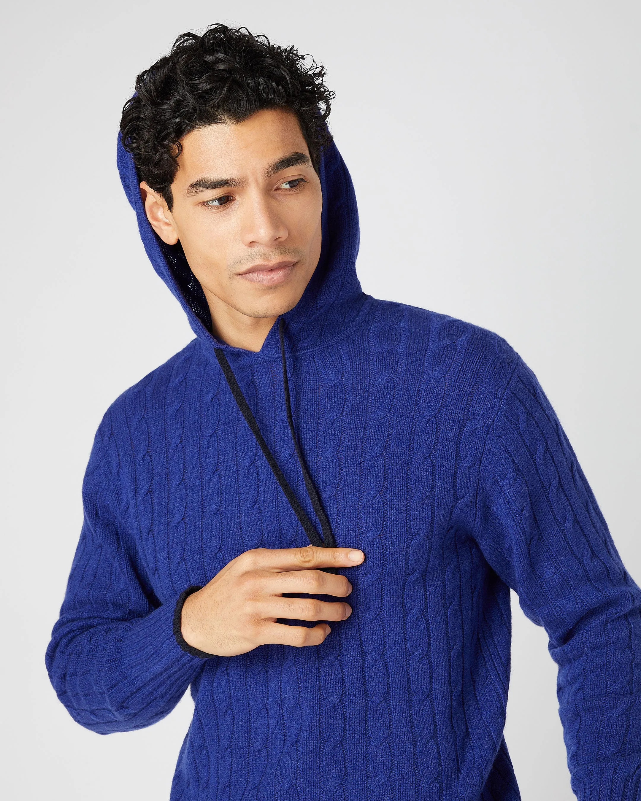 Men's Fitzrovia Cable Cashmere Hoodie Sapphire Blue