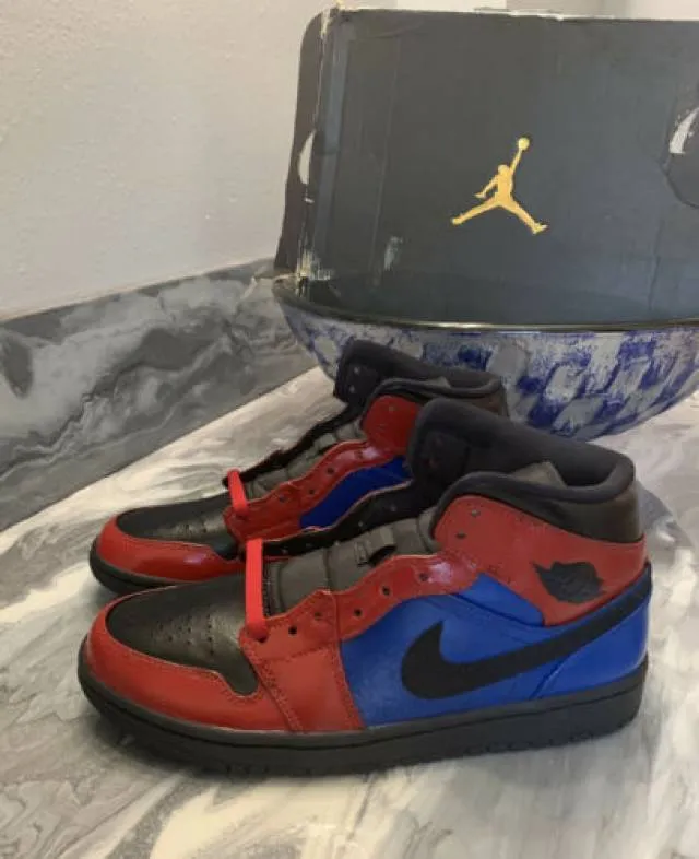 Nike Air Jordan 1 Mid Bred Blue Red Custom Painted Men’s 8