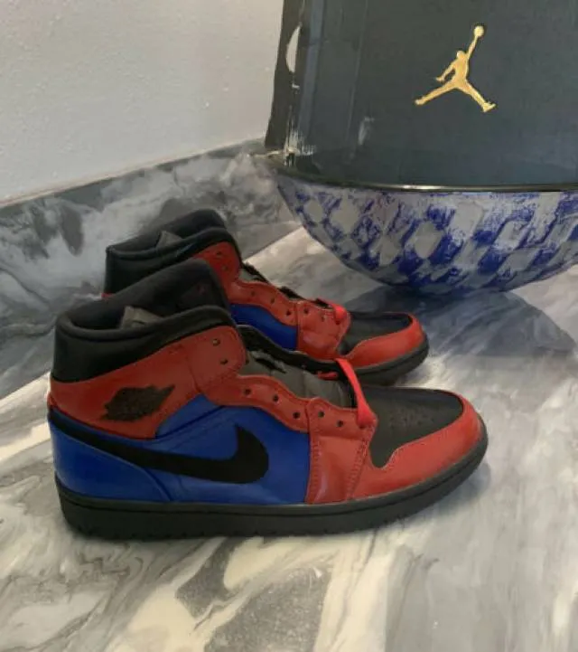 Nike Air Jordan 1 Mid Bred Blue Red Custom Painted Men’s 8