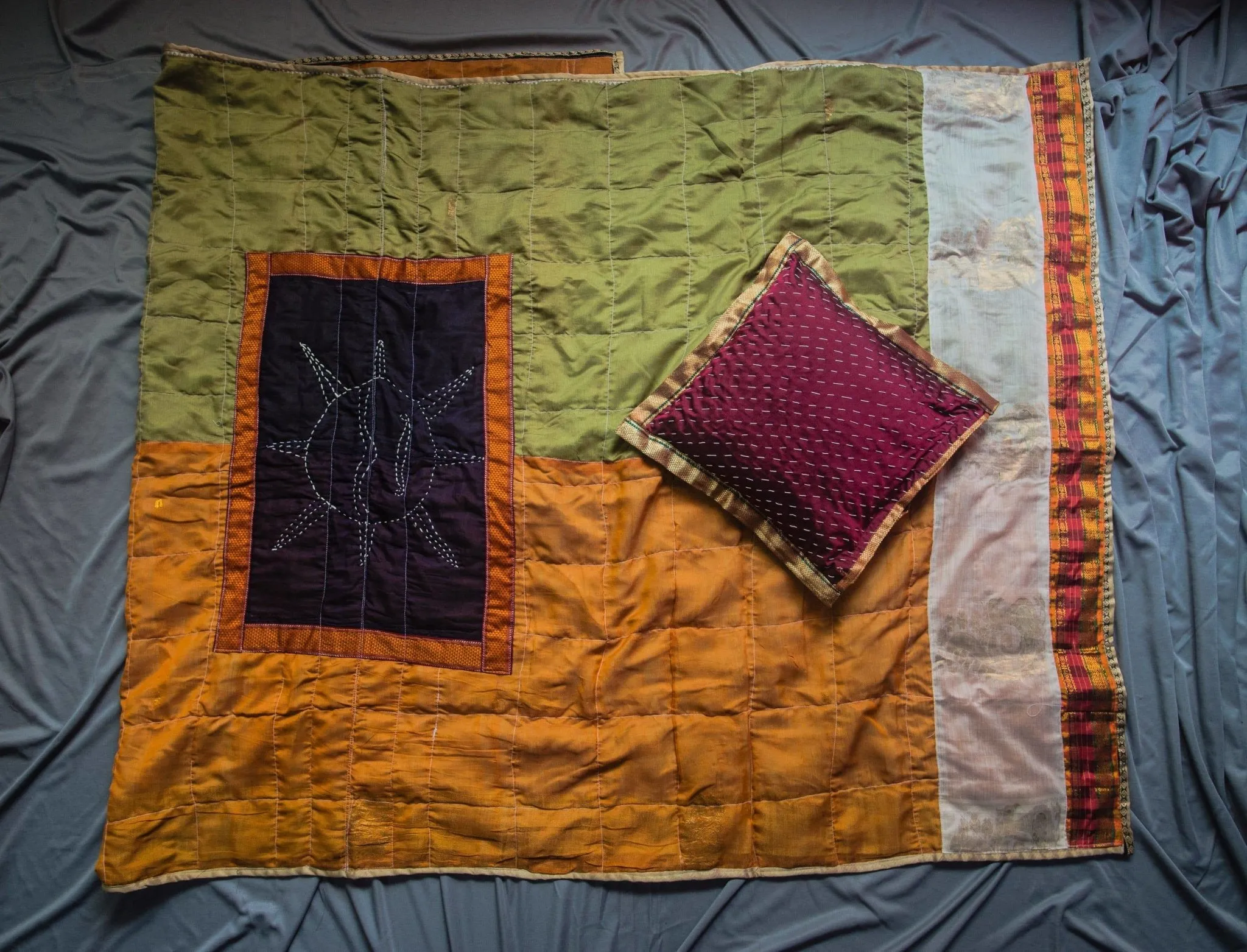 Orange-Green Godhadi Quilt with Hand stitch Godhadi art Maroon cushion cover combo