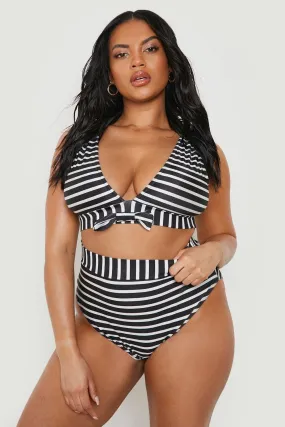 Plus Stripe Tie Front High Waist Bikini