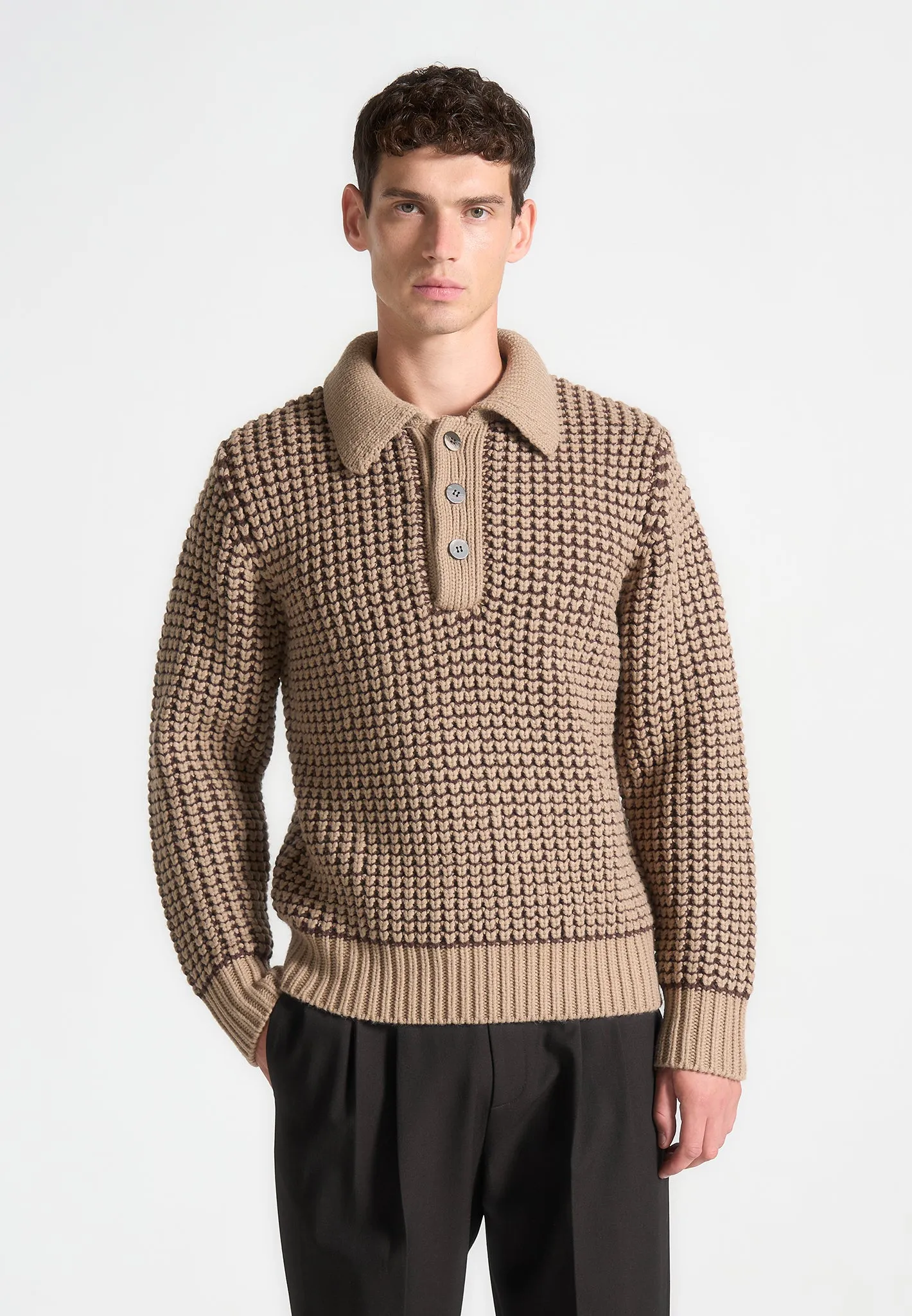 Textured Wool Knit Polo Jumper - Taupe