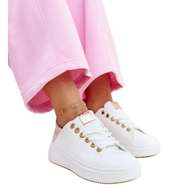 White and pink Antonietta sneakers with rhinestones