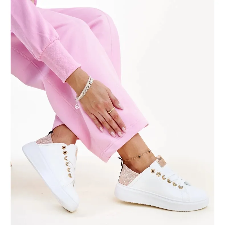 White and pink Antonietta sneakers with rhinestones