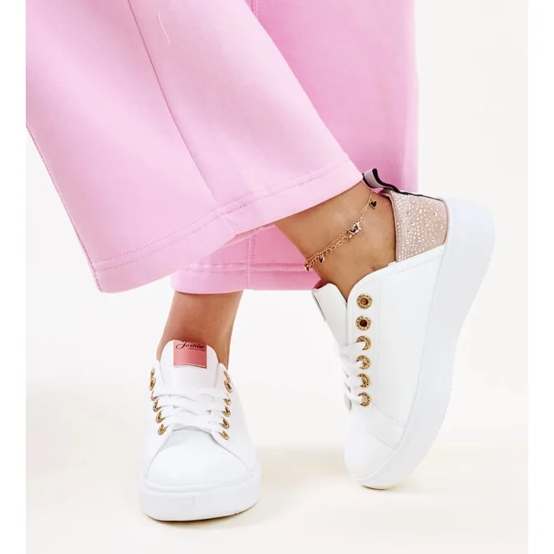 White and pink Antonietta sneakers with rhinestones