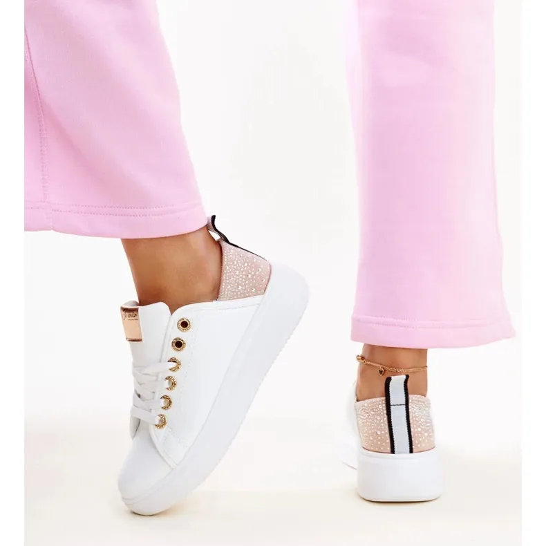 White and pink Antonietta sneakers with rhinestones