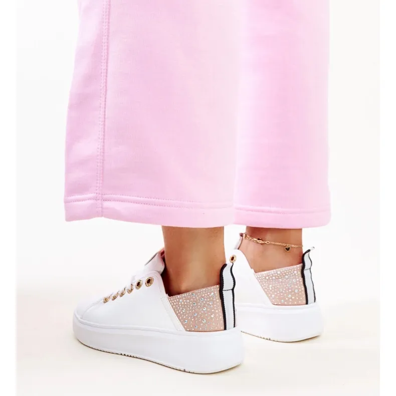 White and pink Antonietta sneakers with rhinestones