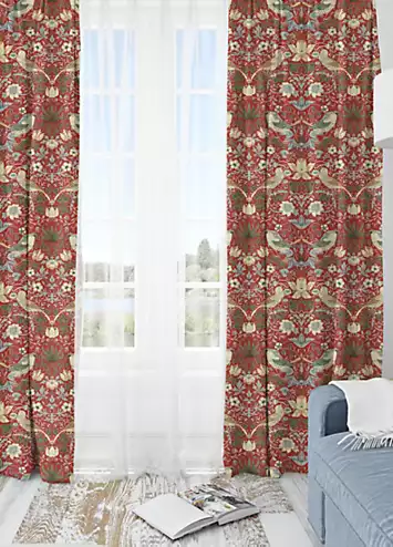 William Morris Red Strawberry Thief Pencil Pleat Lined Curtains | Kaleidoscope