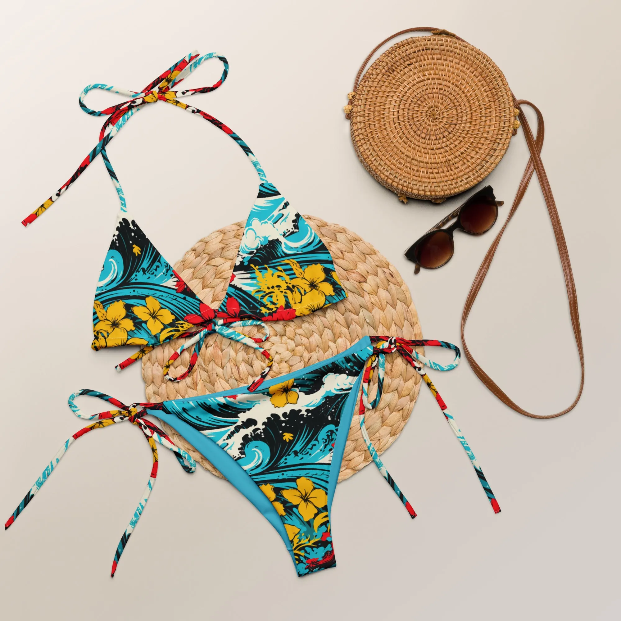 Women's String Bikini - Waves and Flowers 001